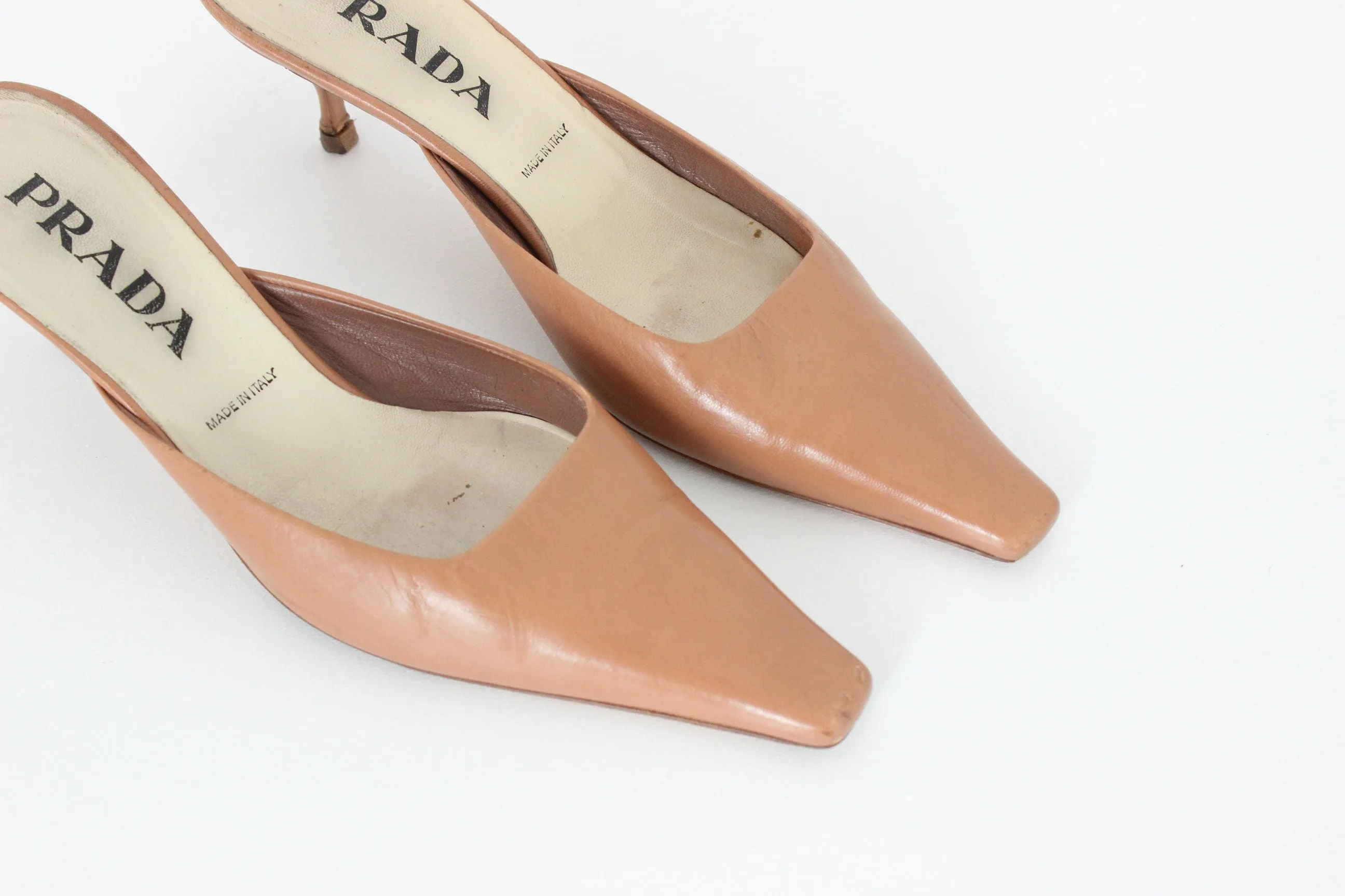 90s PRADA Leather Dusty Rose Pointed Toe Kitten Heel Mules ~ Euro 37