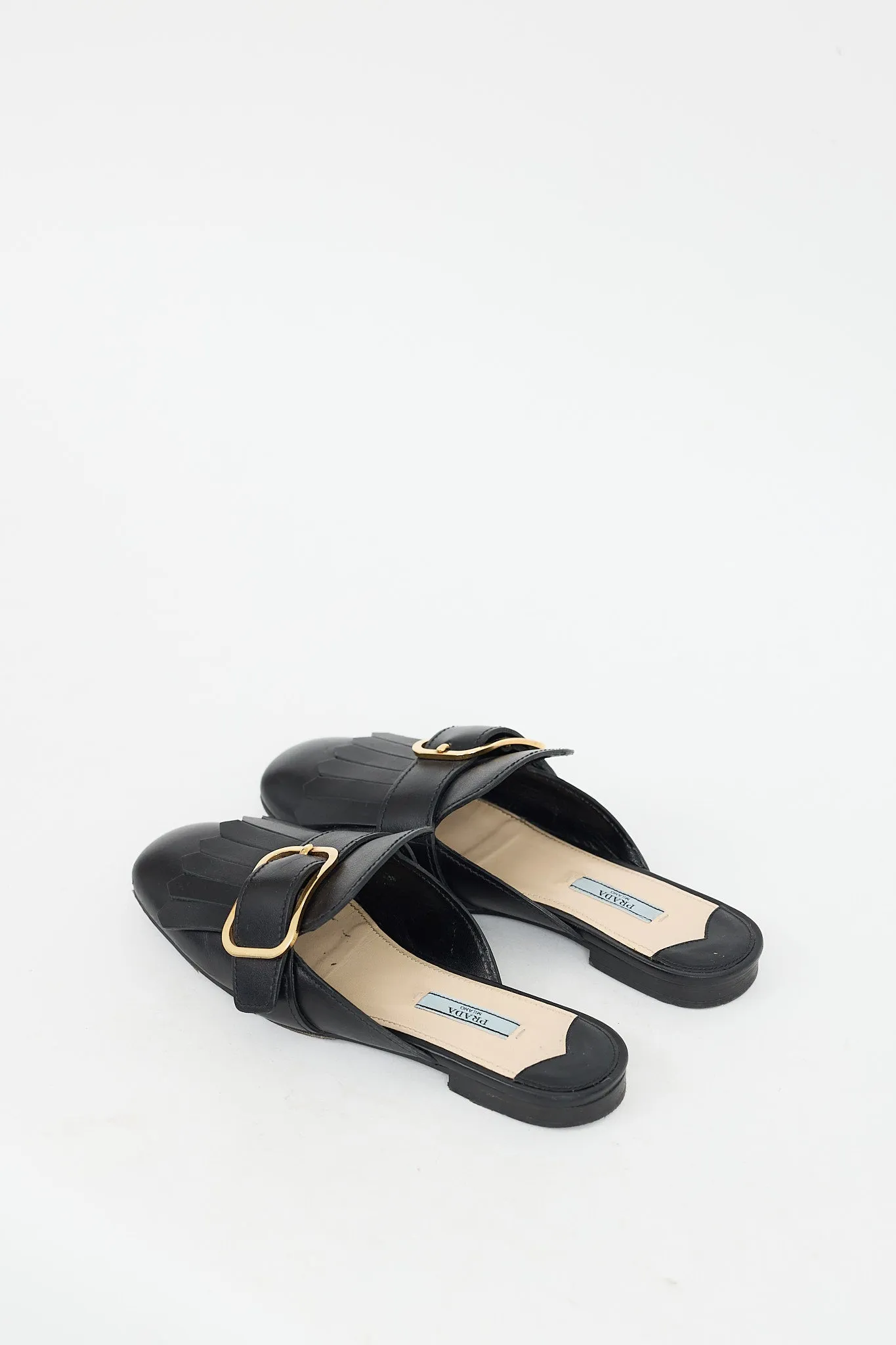 Black Leather Fringe & Buckle Mule