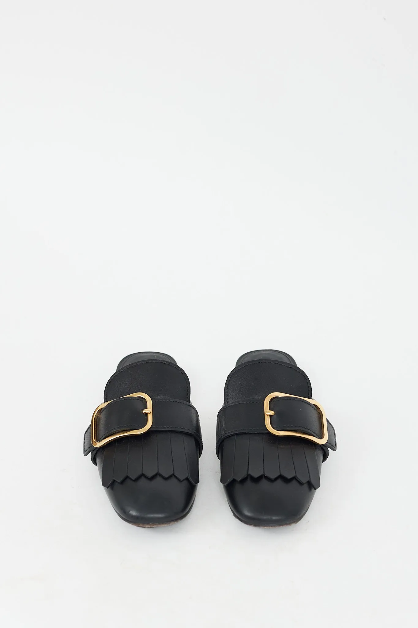 Black Leather Fringe & Buckle Mule