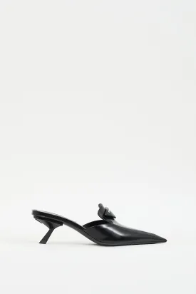 Black Leather Pointed Toe Logo Mule