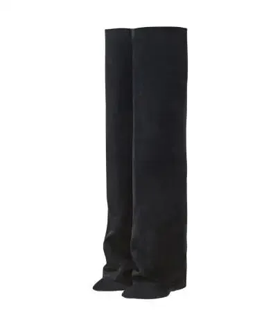 Fall Women Black Suede Solid Color Knee-High Boots - Thin Heels, Pointed Toe, Pleated Tube Slip-On Street Style Botas