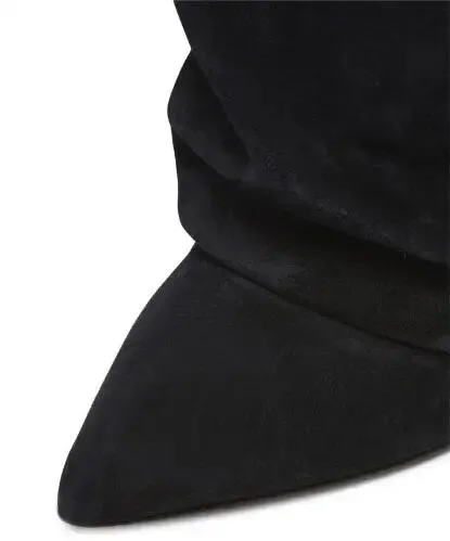 Fall Women Black Suede Solid Color Knee-High Boots - Thin Heels, Pointed Toe, Pleated Tube Slip-On Street Style Botas
