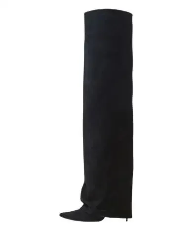 Fall Women Black Suede Solid Color Knee-High Boots - Thin Heels, Pointed Toe, Pleated Tube Slip-On Street Style Botas