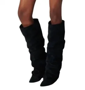 Fall Women Black Suede Solid Color Knee-High Boots - Thin Heels, Pointed Toe, Pleated Tube Slip-On Street Style Botas