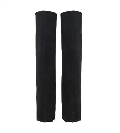 Fall Women Black Suede Solid Color Knee-High Boots - Thin Heels, Pointed Toe, Pleated Tube Slip-On Street Style Botas