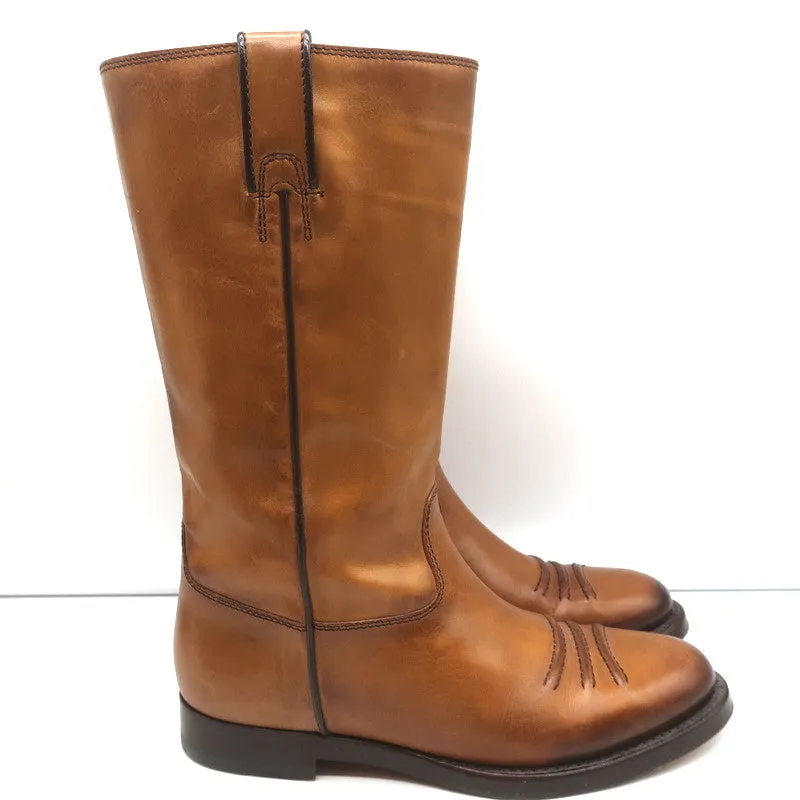 Gucci Riding Boots Brown Burnished Leather Size 37 Mid Calf Flat