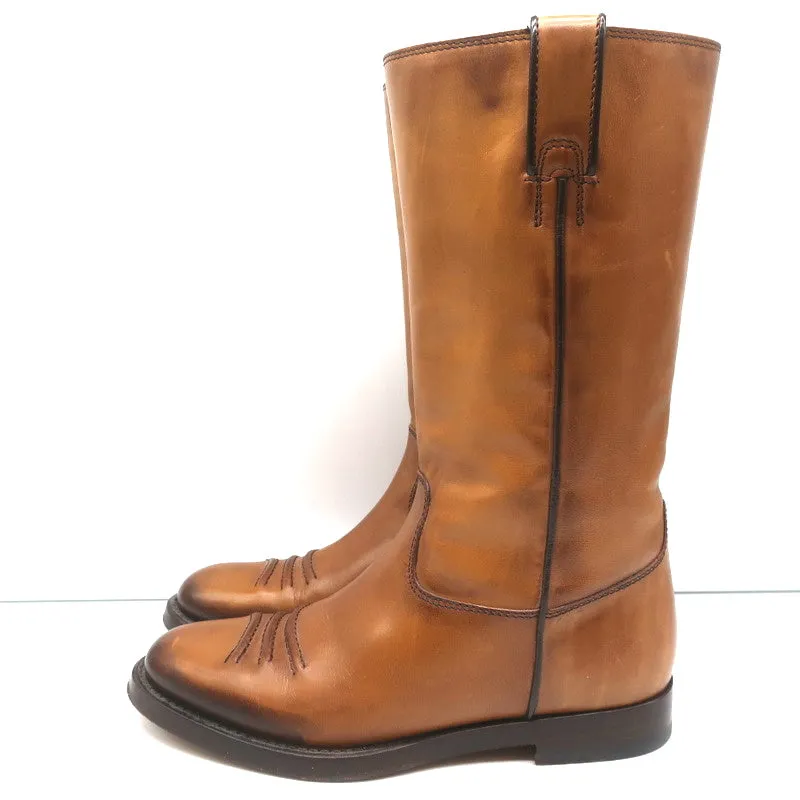 Gucci Riding Boots Brown Burnished Leather Size 37 Mid Calf Flat