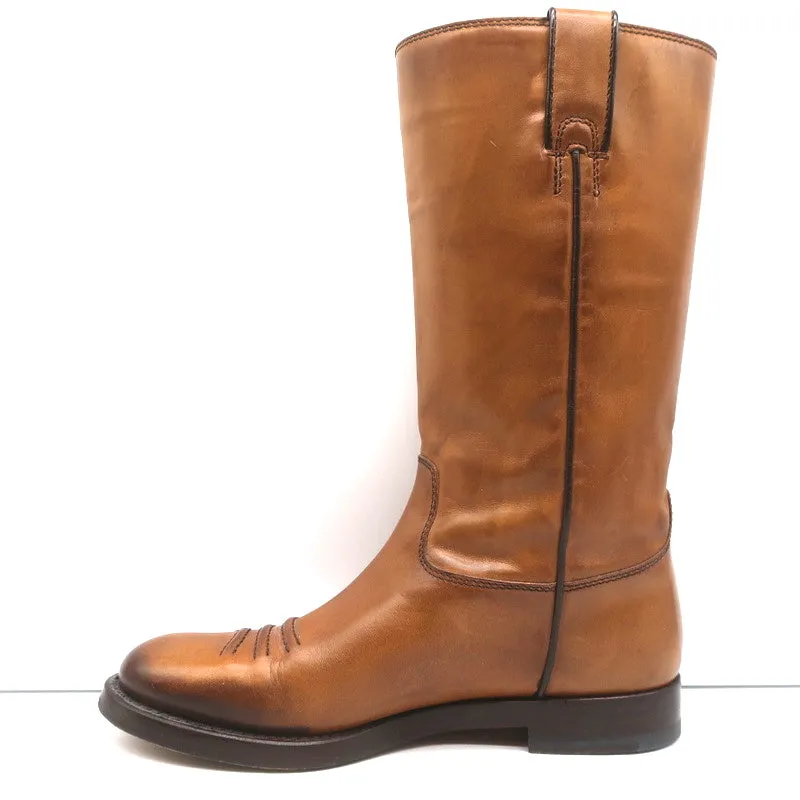 Gucci Riding Boots Brown Burnished Leather Size 37 Mid Calf Flat