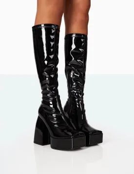 Heartbeat Black Patent PU Chunky Platform Block Knee High Boots