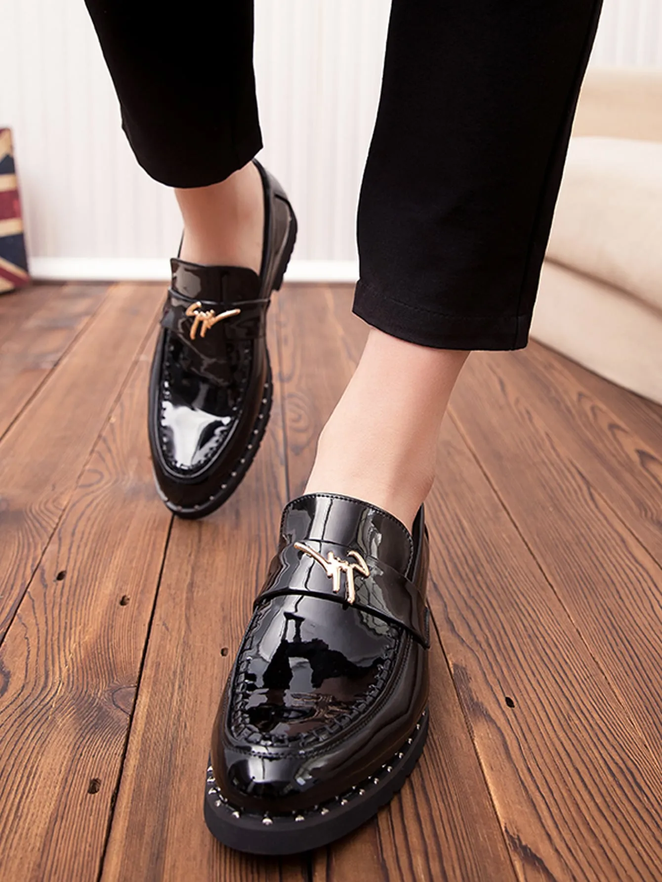 Metal Patch Slip On Black Round Toe Loafers