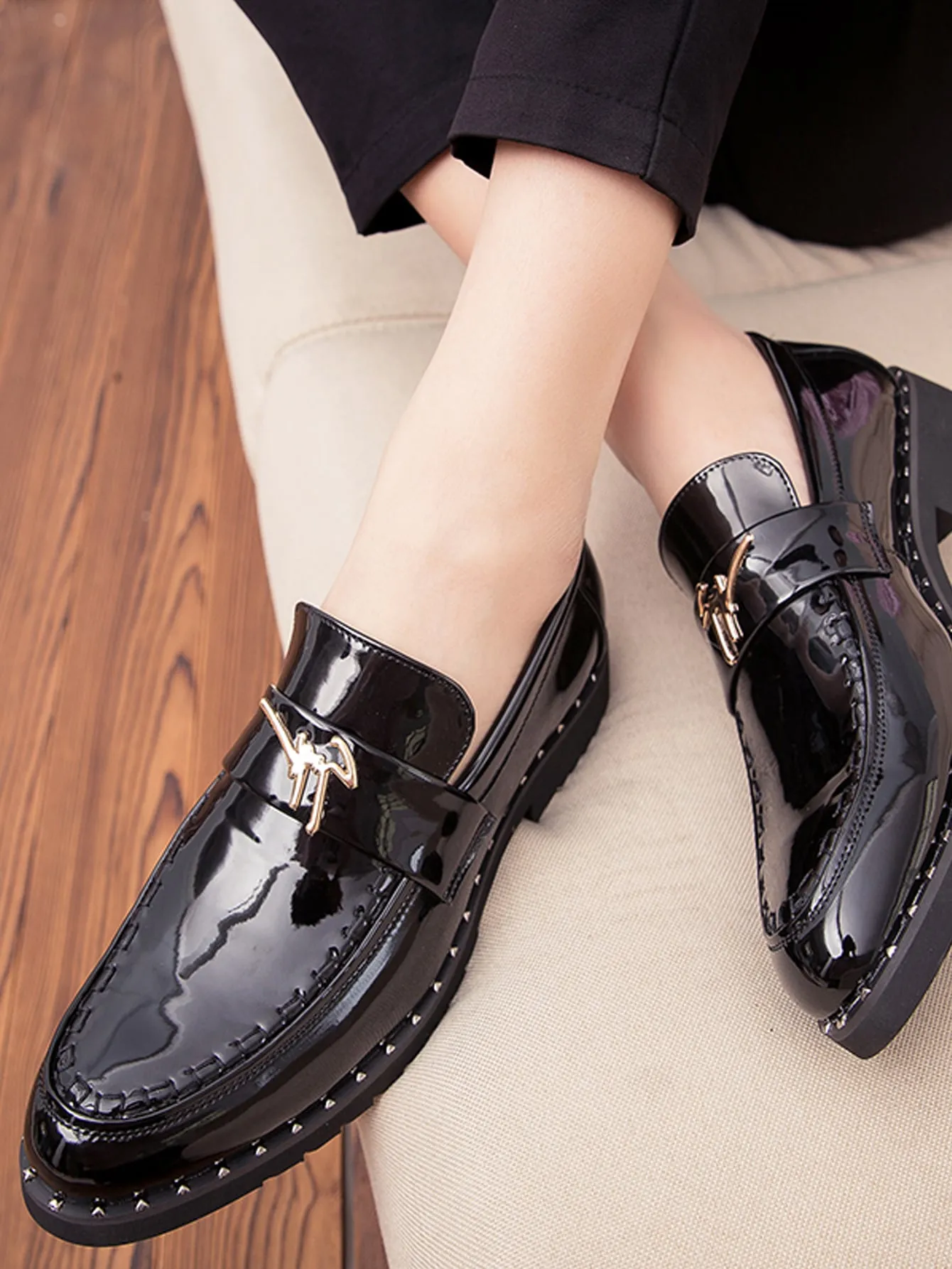Metal Patch Slip On Black Round Toe Loafers