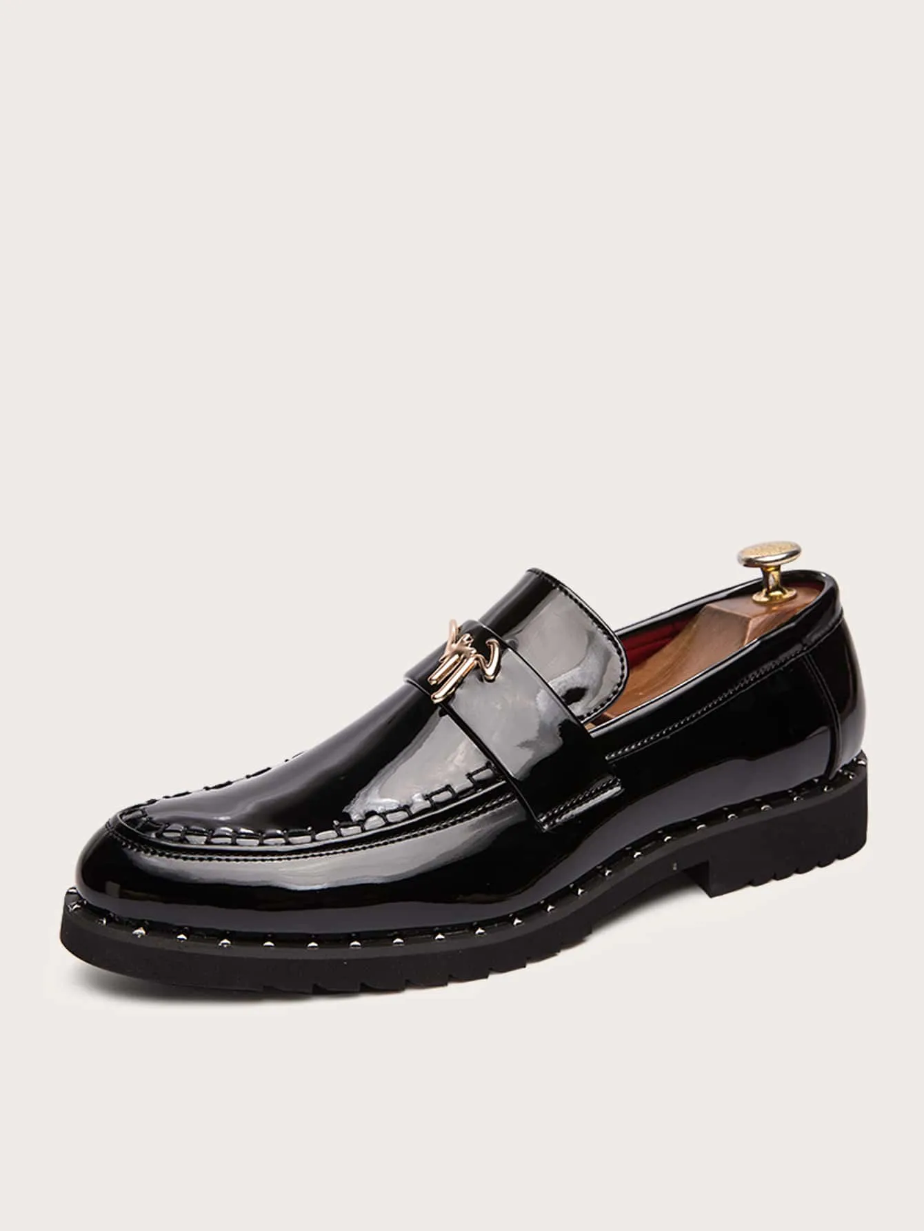 Metal Patch Slip On Black Round Toe Loafers
