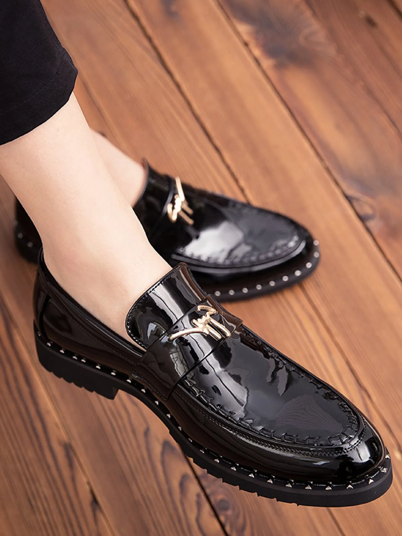 Metal Patch Slip On Black Round Toe Loafers