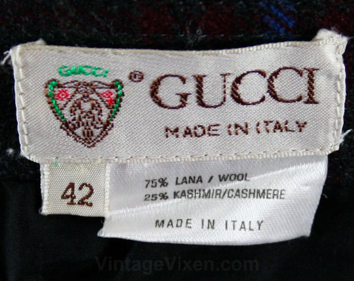 Size 6 Gucci Kilt Skirt - Cashmere & Wool Blend - Classic Fall Designer Preppy - Gray Blue Maroon Plaid - 80s 90s Made in Italy - Waist 25.5