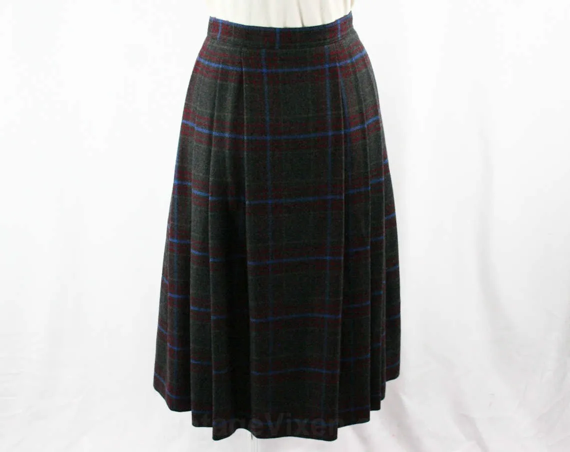 Size 6 Gucci Kilt Skirt - Cashmere & Wool Blend - Classic Fall Designer Preppy - Gray Blue Maroon Plaid - 80s 90s Made in Italy - Waist 25.5