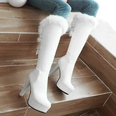Winter sexy fuzzy cuff chunky high heeled knee high boots